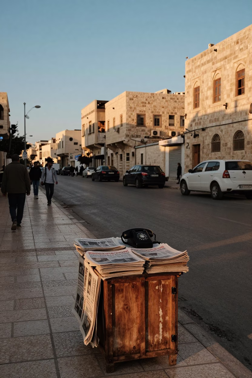 Amman Jordan Sunset Street Scene with Vintage Telephone and Newspaper Stack in in Amman, Jordan