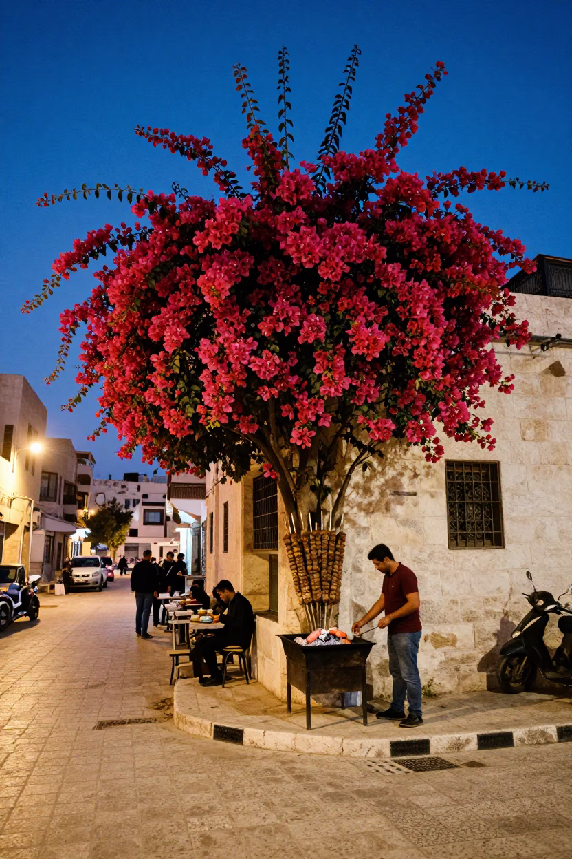 Amman Jordan Twilight Street Scene Bougainvillea and Kebab Koobideh on Lavash in in Amman, Jordan