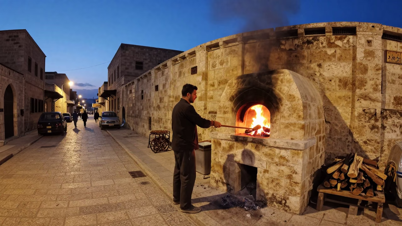 Amman Jordan Twilight Street Scene Man Stoking Tandoor Oven in in Amman, Jordan