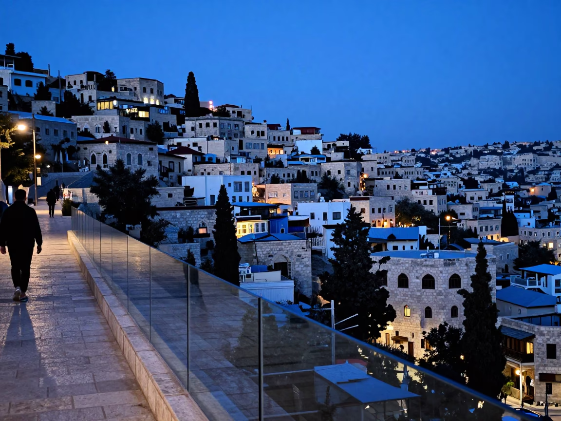 Amman Jordan Twilight Street Scene with Clear Glass Rail and Urban Architecture in in Amman, Jordan