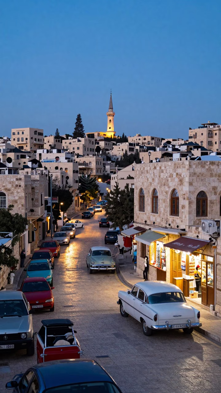 Amman Jordan Twilight Street Scene with Colorful Cars and Stone Architecture in in Amman, Jordan