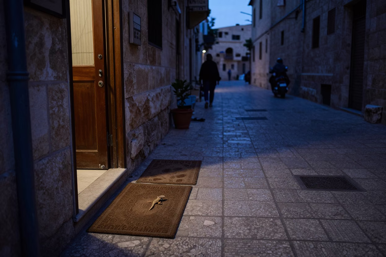 Amman Jordan Twilight Street Scene with Door Mats and Gecko in in Amman, Jordan
