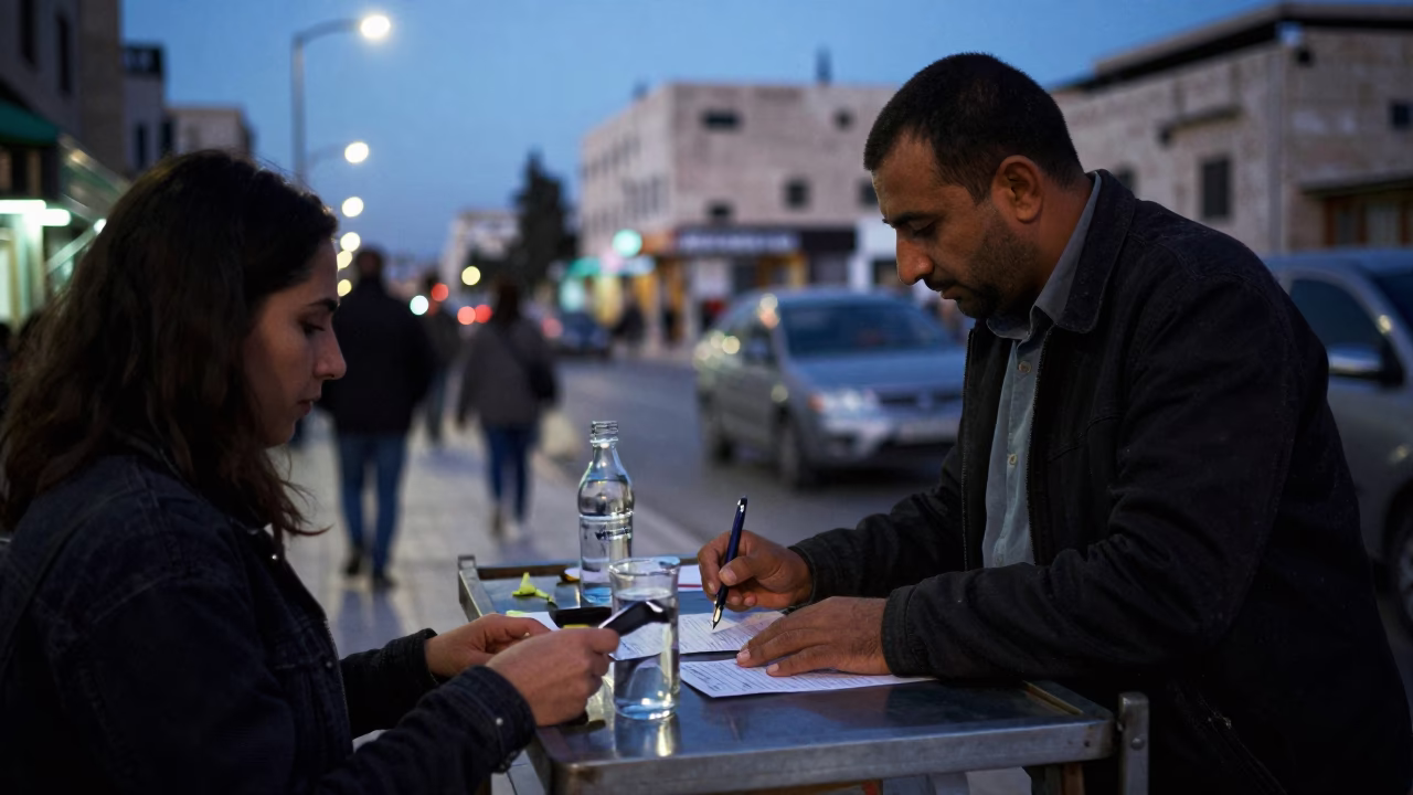 Amman Jordan Twilight Street Scene with Fountain Pen and Mineral Stained Bucket in in Amman, Jordan