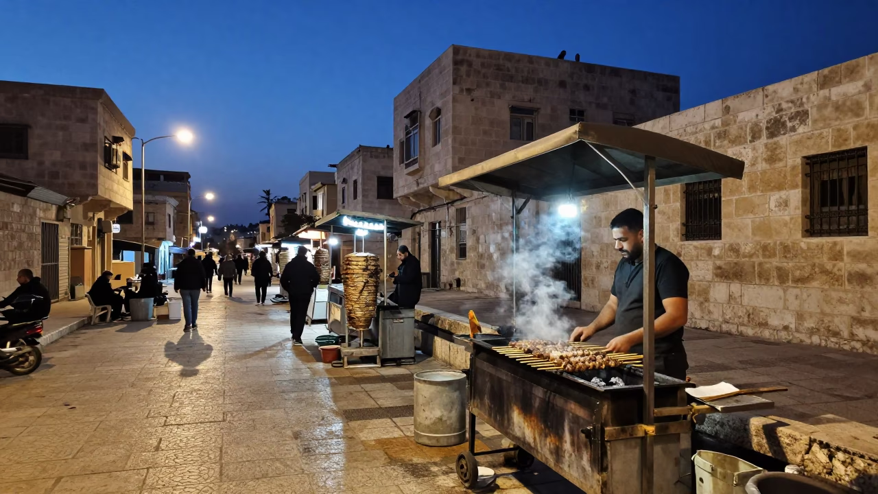 Amman Jordan Twilight Street Scene with Kebab Grill and Cement Mixer Construction in in Amman, Jordan
