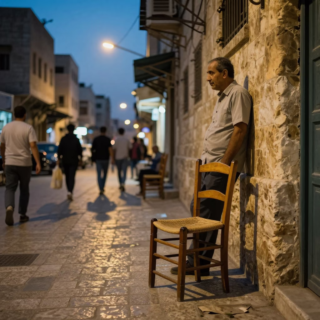 Amman Jordan Twilight Street Scene with Ladder-Back Chair and Urban Details in in Amman, Jordan