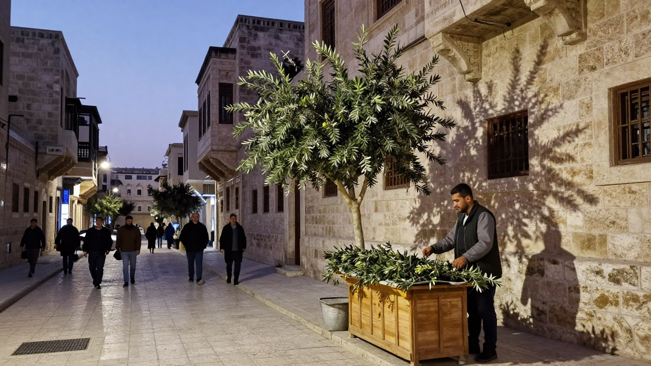 Amman Jordan Twilight Street Scene with Olive Branch and Traditional Market Atmosphere in in Amman, Jordan