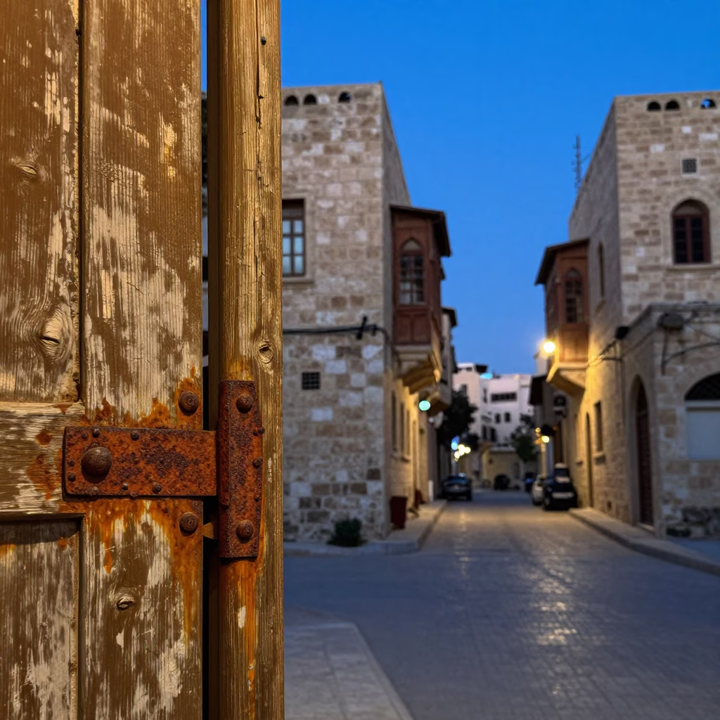 Amman Jordan Twilight Street Scene with Rusty Hinge and Olive Dish on Limestone Wall in in Amman, Jordan