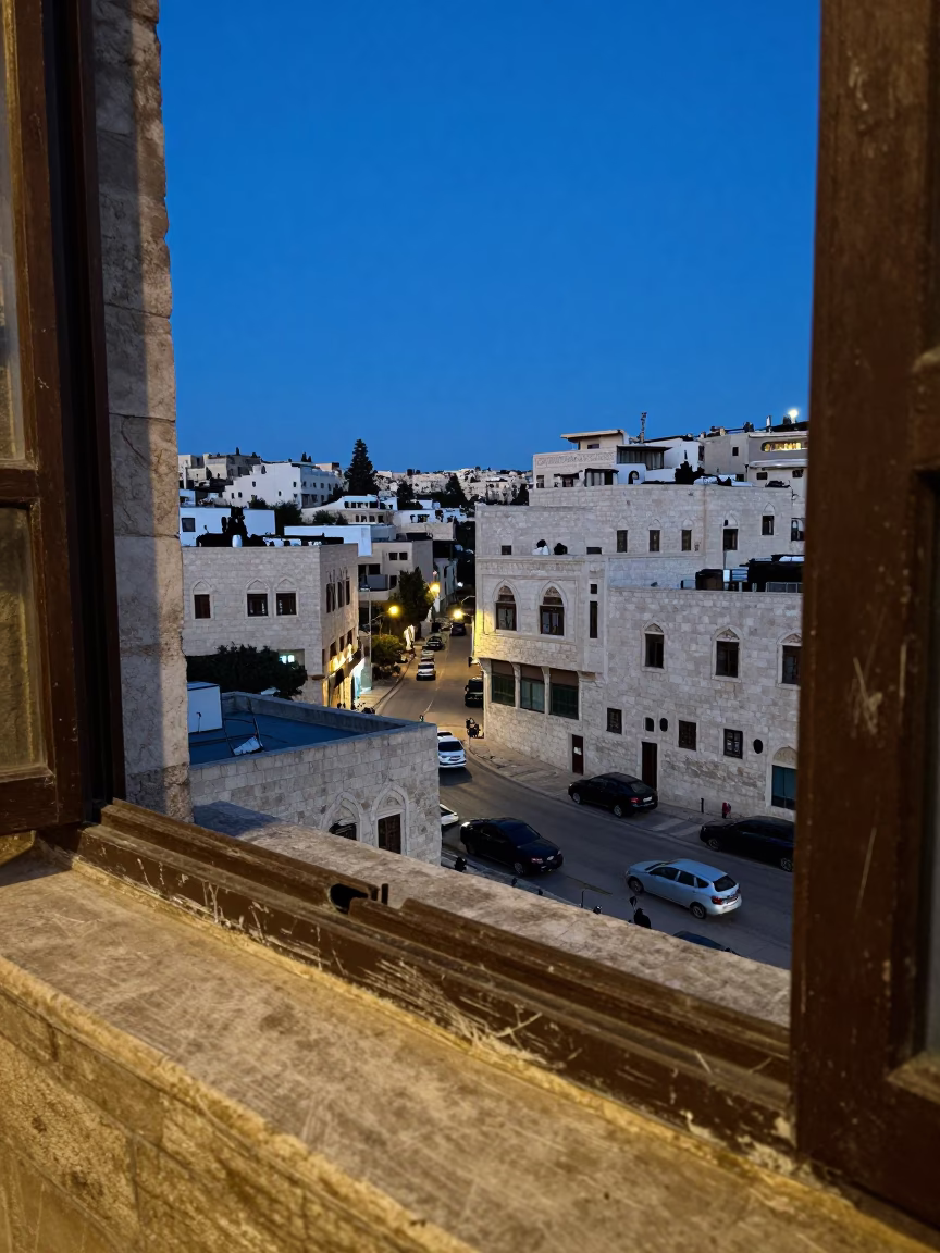 Amman Jordan Twilight Street Scene with Scratched Window Sill and Urban Life in in Amman, Jordan