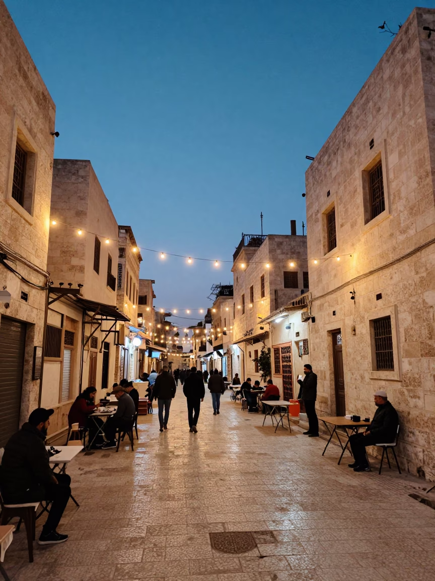 Amman Jordan Twilight Street Scene with String Lights and Local Life in in Amman, Jordan