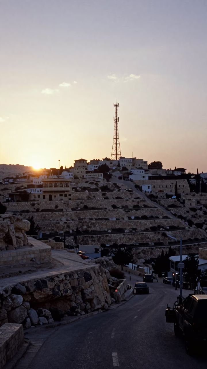 Amman Jordan Twilight Street Scene with Telecommunication Mast on Rocky Summit in in Amman, Jordan