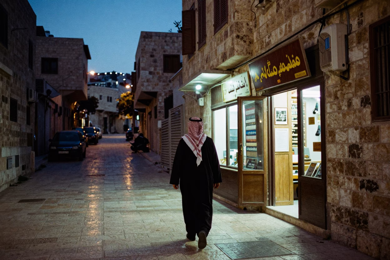 Amman Jordan Twilight Street Scene with Traditional Attire and Urban Architecture in in Amman, Jordan