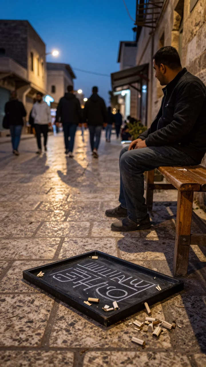 Amman Jordan Twilight Street Scene with Traditional Chalk Tray and Local Interaction in in Amman, Jordan
