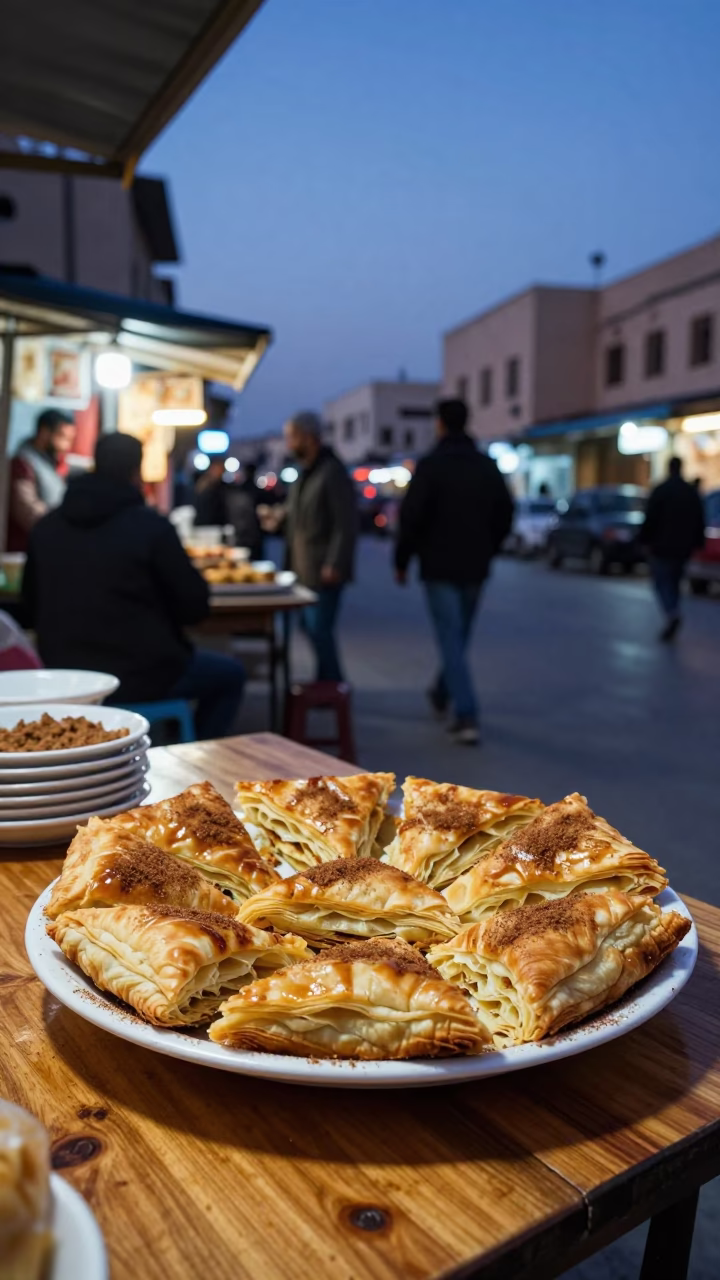 Amman Jordan Twilight Street Scene With Traditional Pastilla Plate And Fruit in in Amman, Jordan