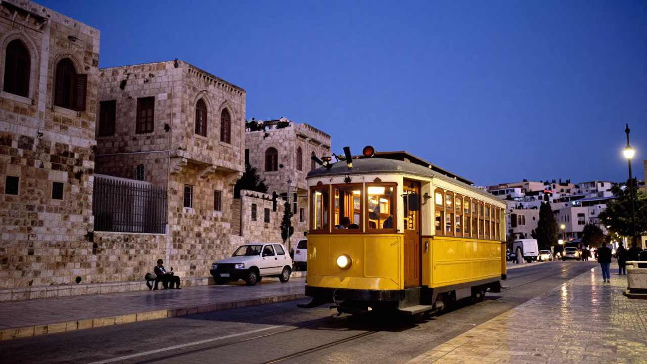 Amman Jordan Twilight Street Scene With Vintage Trolley And Historic Stone Architecture in in Amman, Jordan