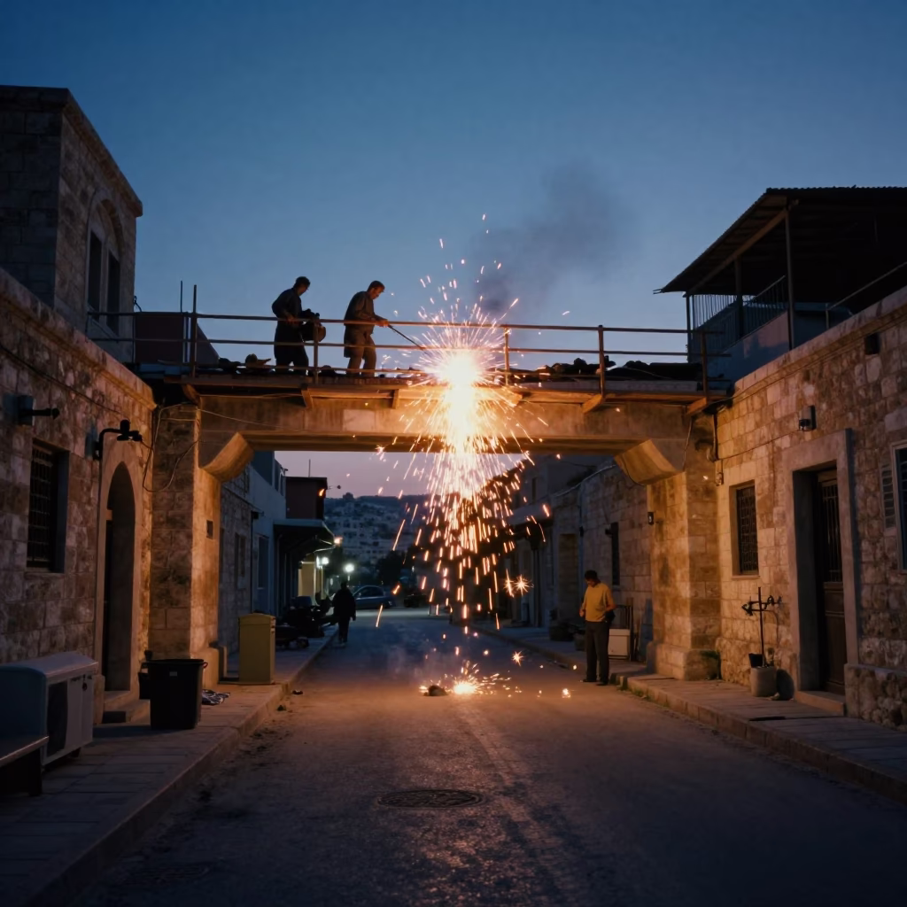 Amman Jordan Twilight Street Scene with Welding Sparks Beneath Bridge Construction in in Amman, Jordan