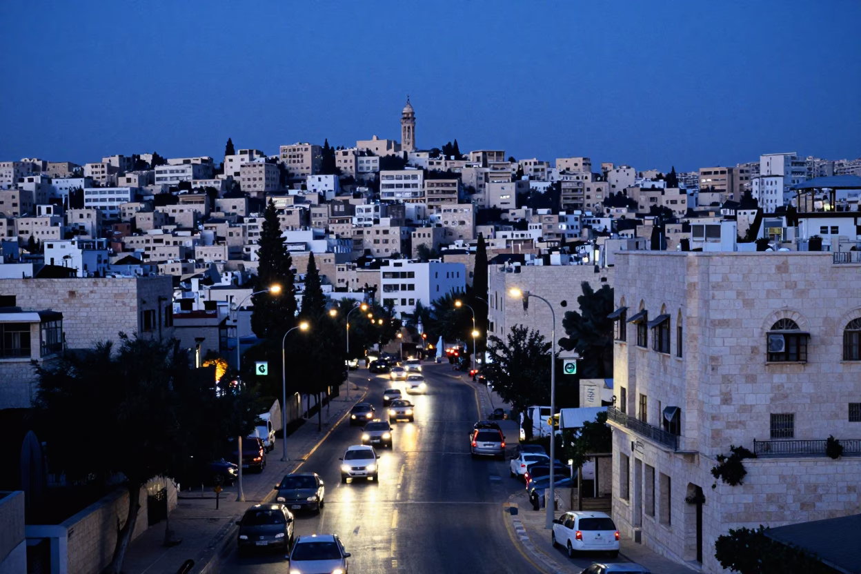 Amman Jordan Twilight Street Scene with White Stone Architecture and Busy Traffic in in Amman, Jordan