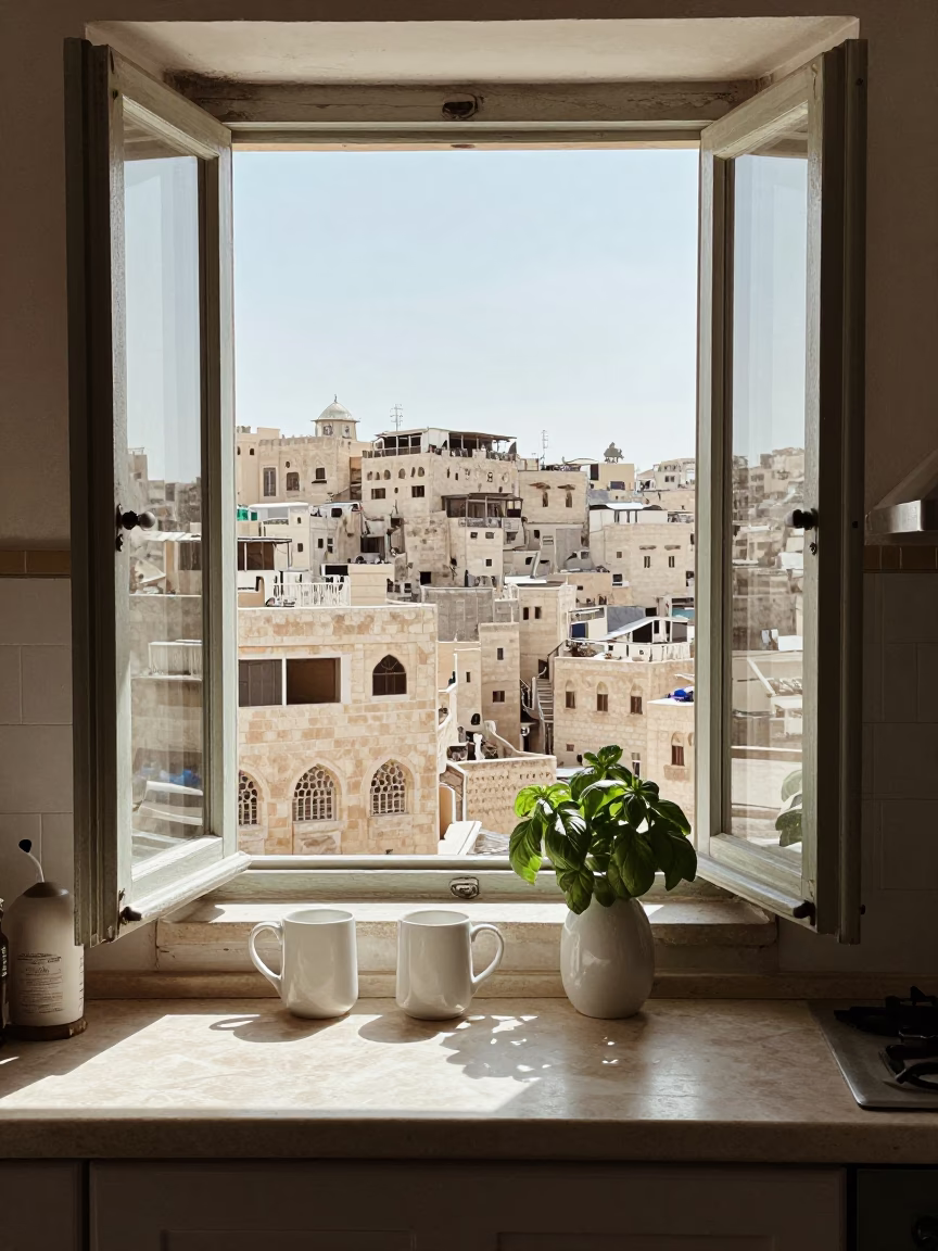 Amman Kitchen Window View with Ceramic Mugs and Basil Leaves in in Amman, Jordan