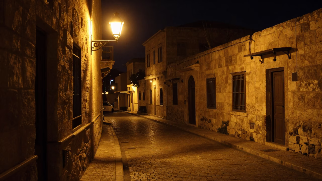 Amman Night Street Scene with Hurricane Lamp and Spanish Mastiff in in Amman, Jordan