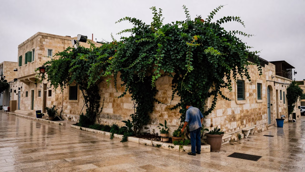 Amman Street Corner After Rain with Gardener and Ivy Vines in in Amman, Jordan