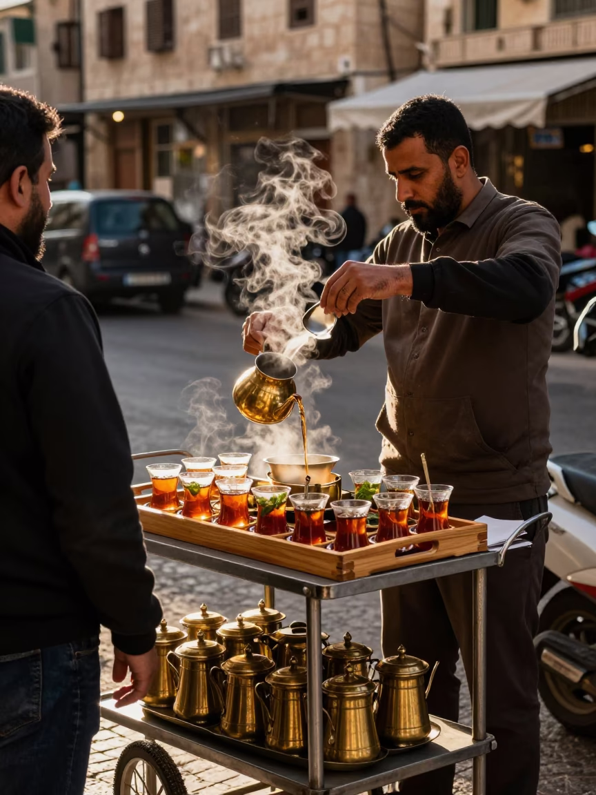 Amman Street Corner Late Afternoon Tea Service with Local Vendor in in Amman, Jordan