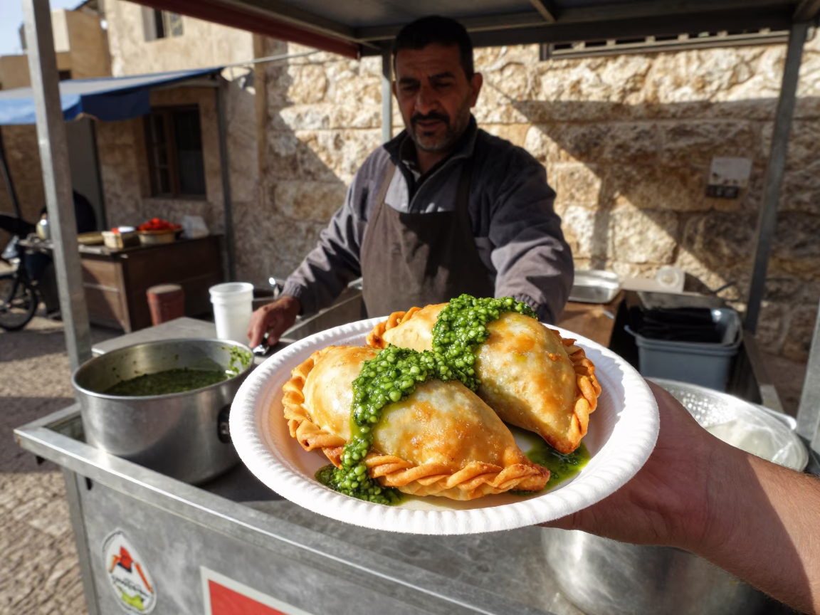 Amman Street Food Vendor Serving Hot Empanadas with Chimichurri in Early Afternoon Light in in Amman, Jordan