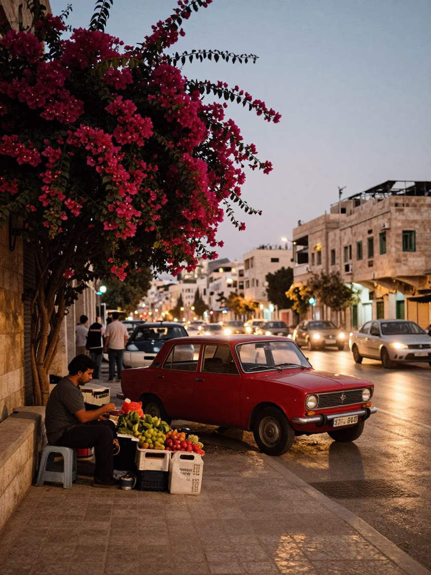 Amman Street Scene at Dusk with Bougainvillea and Vintage 1980s Atmosphere in in Amman, Jordan