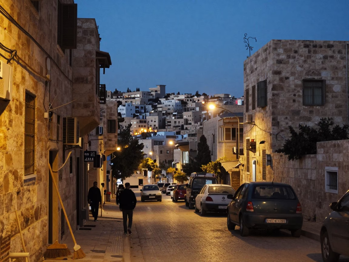 Amman Street Scene at Dusk with Broom and Window Fan in Traditional Neighborhood in in Amman, Jordan