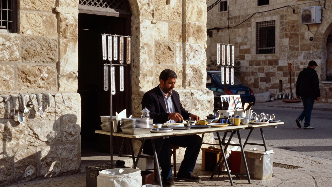 Amman Street Vendor Selling Kitchen Utensils and Thermometers in Early Afternoon Light in in Amman, Jordan