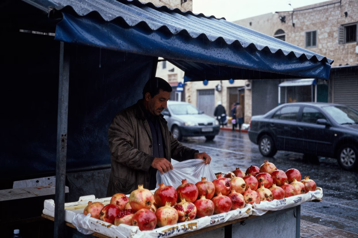 Amman street vendor sheltering under awning during light rain at dusk in in Amman, Jordan