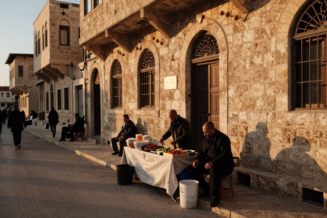 Amman Sunset Street Scene with Local Vendor and Traditional Food in Jordan in in Amman, Jordan