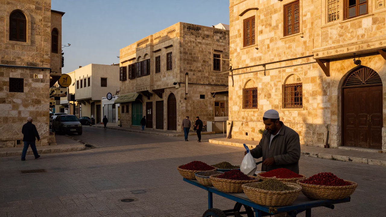 Amman Sunset Street Scene with Pottery Shard and Local Commerce in in Amman, Jordan