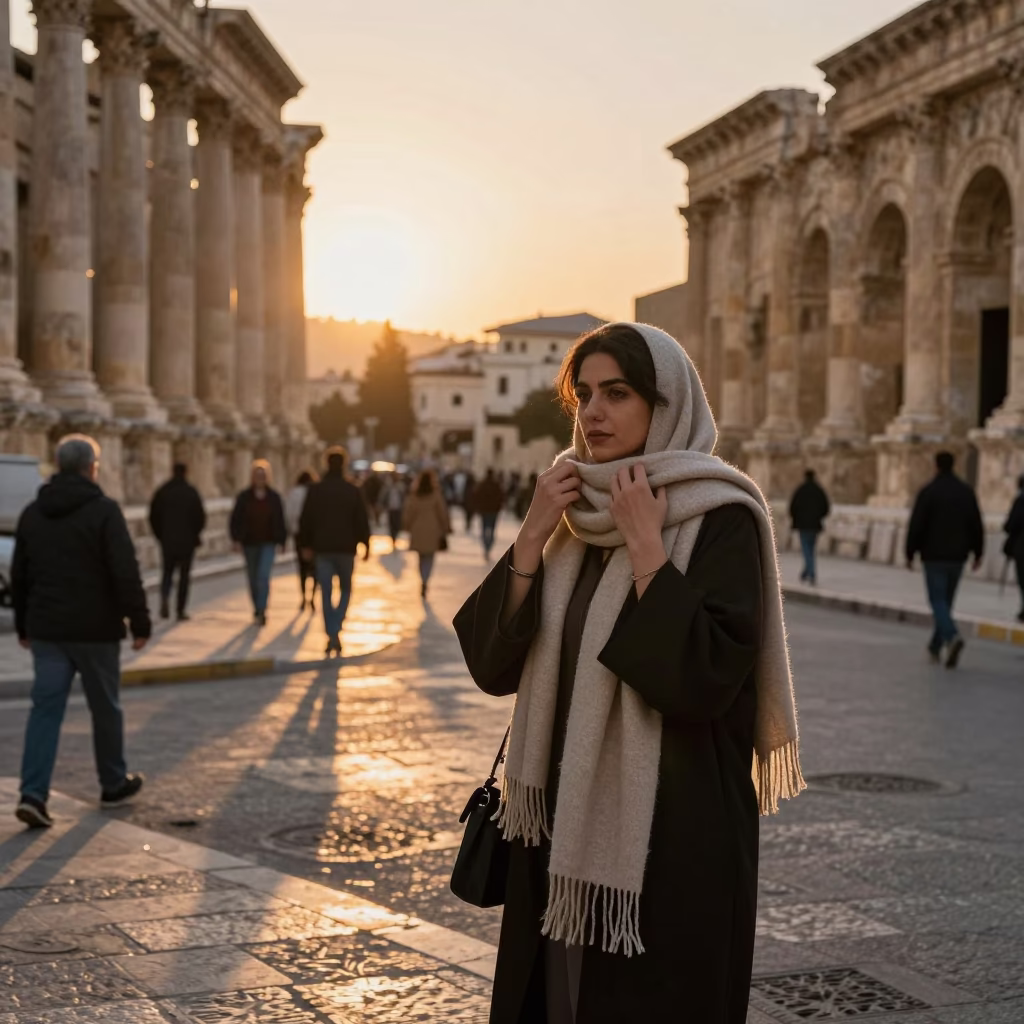 Amman Sunset Street Scene with Wool Scarves and Stone Architecture in in Amman, Jordan