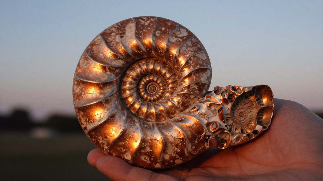 Ammonite Fossil Specimen in Chicago at Copper-toned Light Before Dusk in in Chicago, Illinois, United States