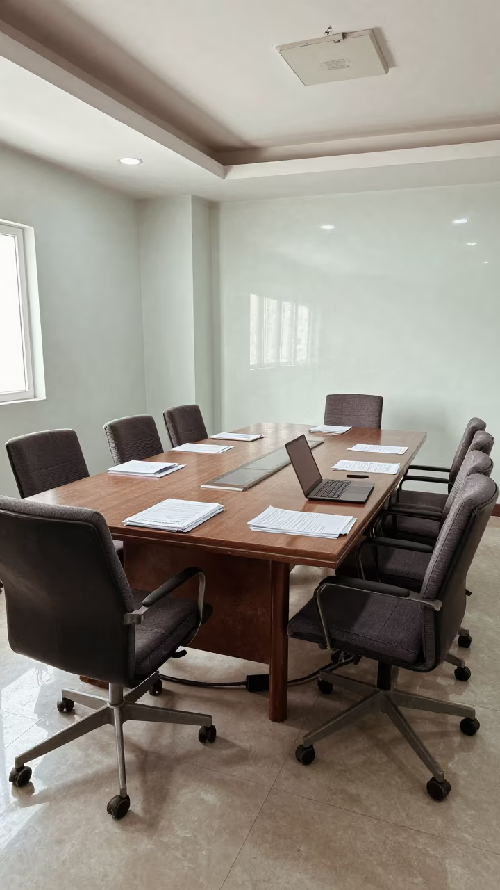 Amritsar War Room Office Meeting Space in at a boardroom table before a meeting in Amritsar