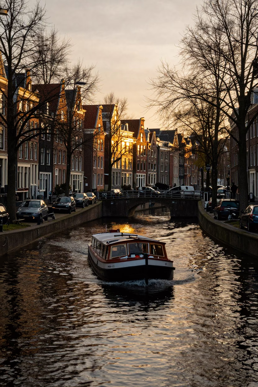 Amsterdam Barge Navigating Tree-Lined Canal Bend in Honeyed Evening Light in in Amsterdam, Netherlands