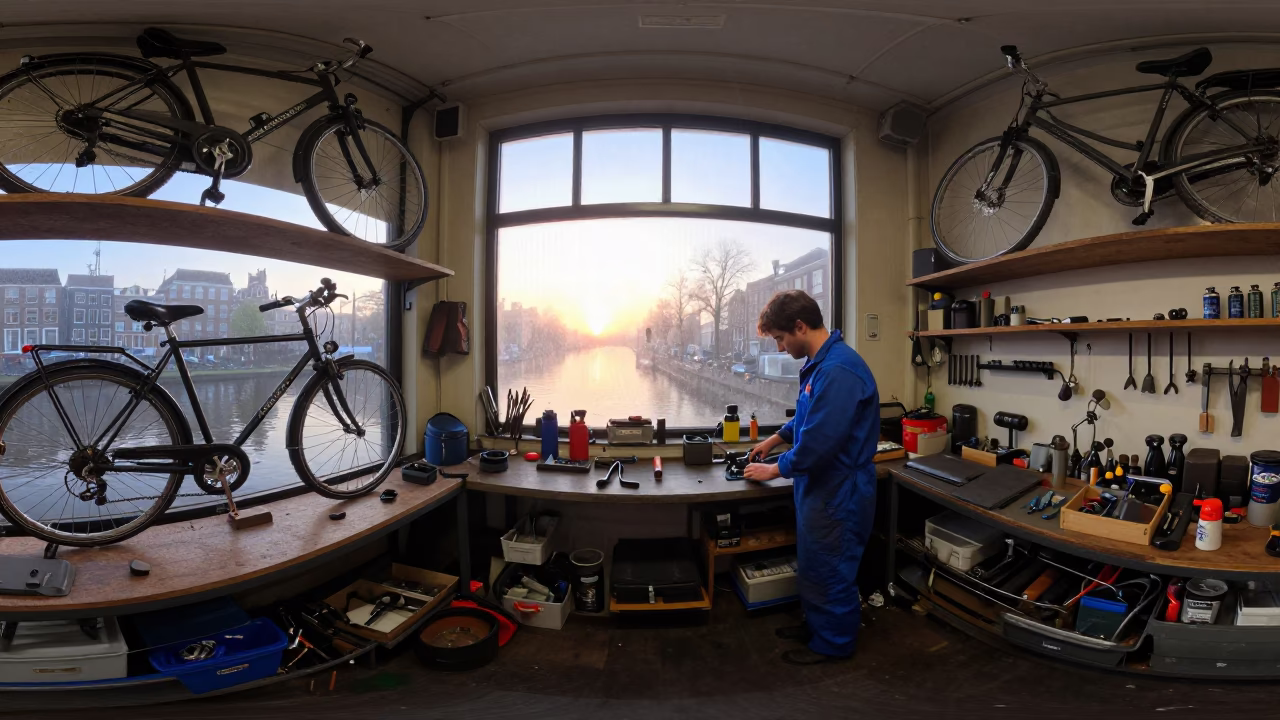 Amsterdam Bicycle Workshop Interior at Nautical Dawn with Tool Caddies in in Amsterdam, Netherlands