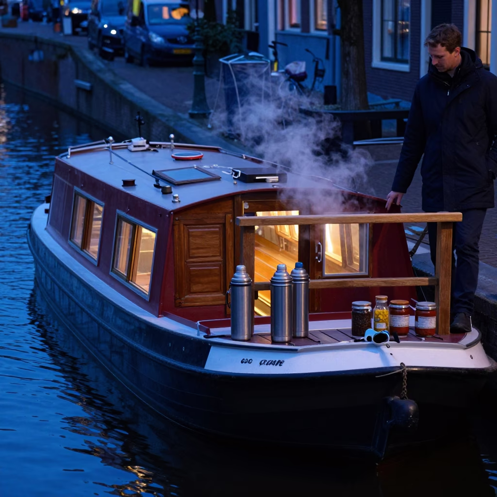 Amsterdam blue hour canal boat with thermos and spice jars in in Amsterdam, Netherlands