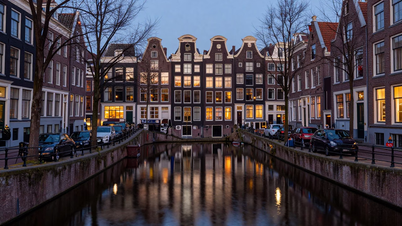 Amsterdam Blue Hour Canal Reflections and Historic Brick Architecture in in Amsterdam, Netherlands