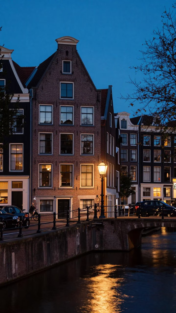 Amsterdam Blue Hour Canal Scene with Brick Architecture and Lantern Light in in Amsterdam, Netherlands