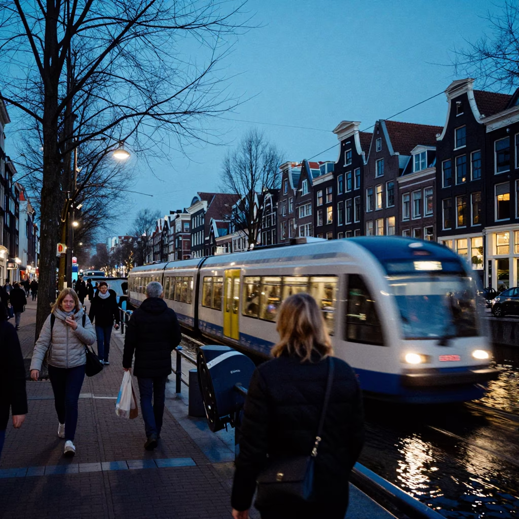Amsterdam Blue Hour Canal Scene with Commuter Train and Street Life in in Amsterdam, Netherlands