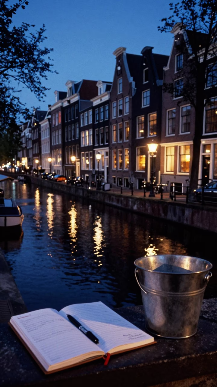 Amsterdam Blue Hour Canal Scene with Notebook and Steel Bucket in in Amsterdam, Netherlands