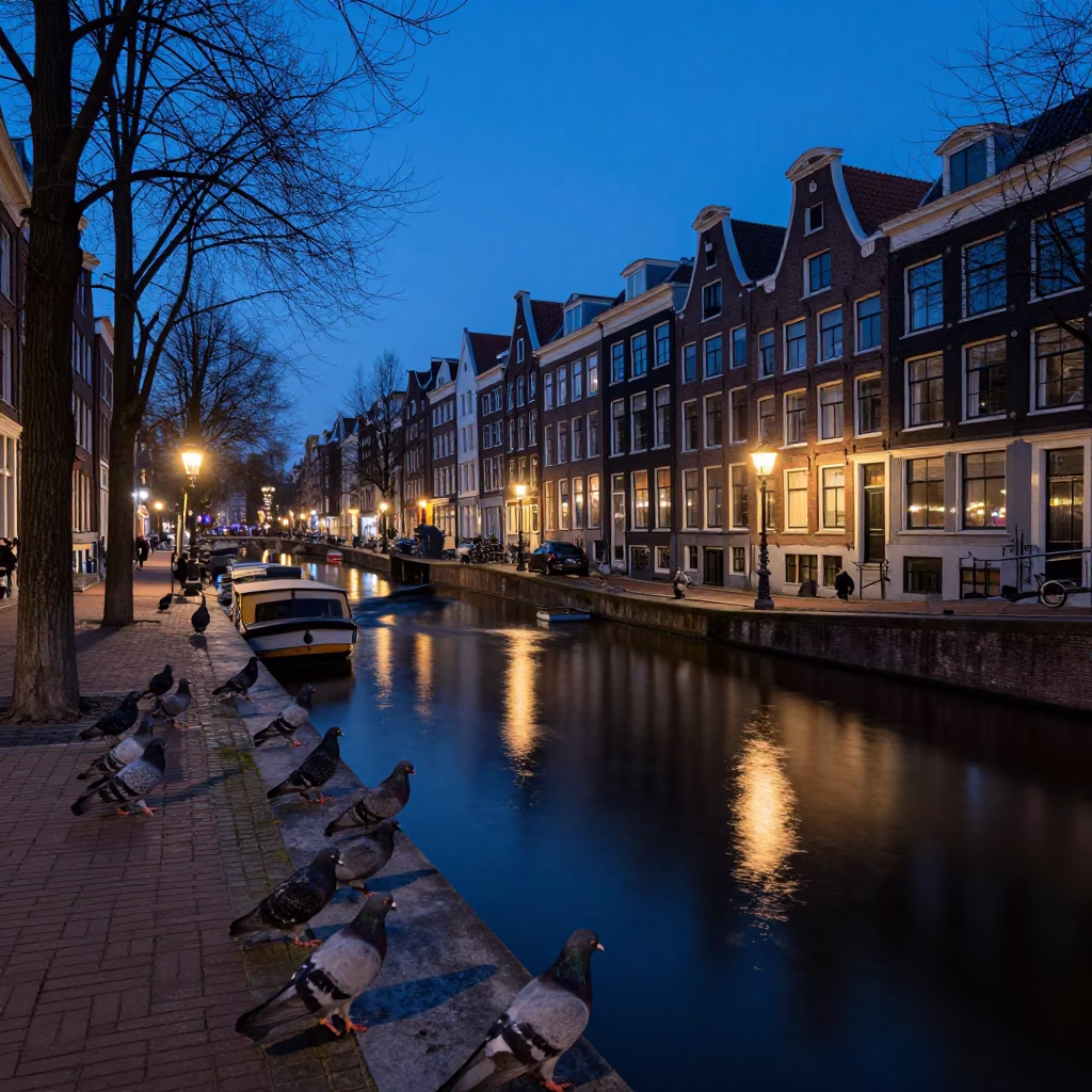 Amsterdam Blue Hour Canal Scene with Pigeons and Traditional Brick Architecture in in Amsterdam, Netherlands