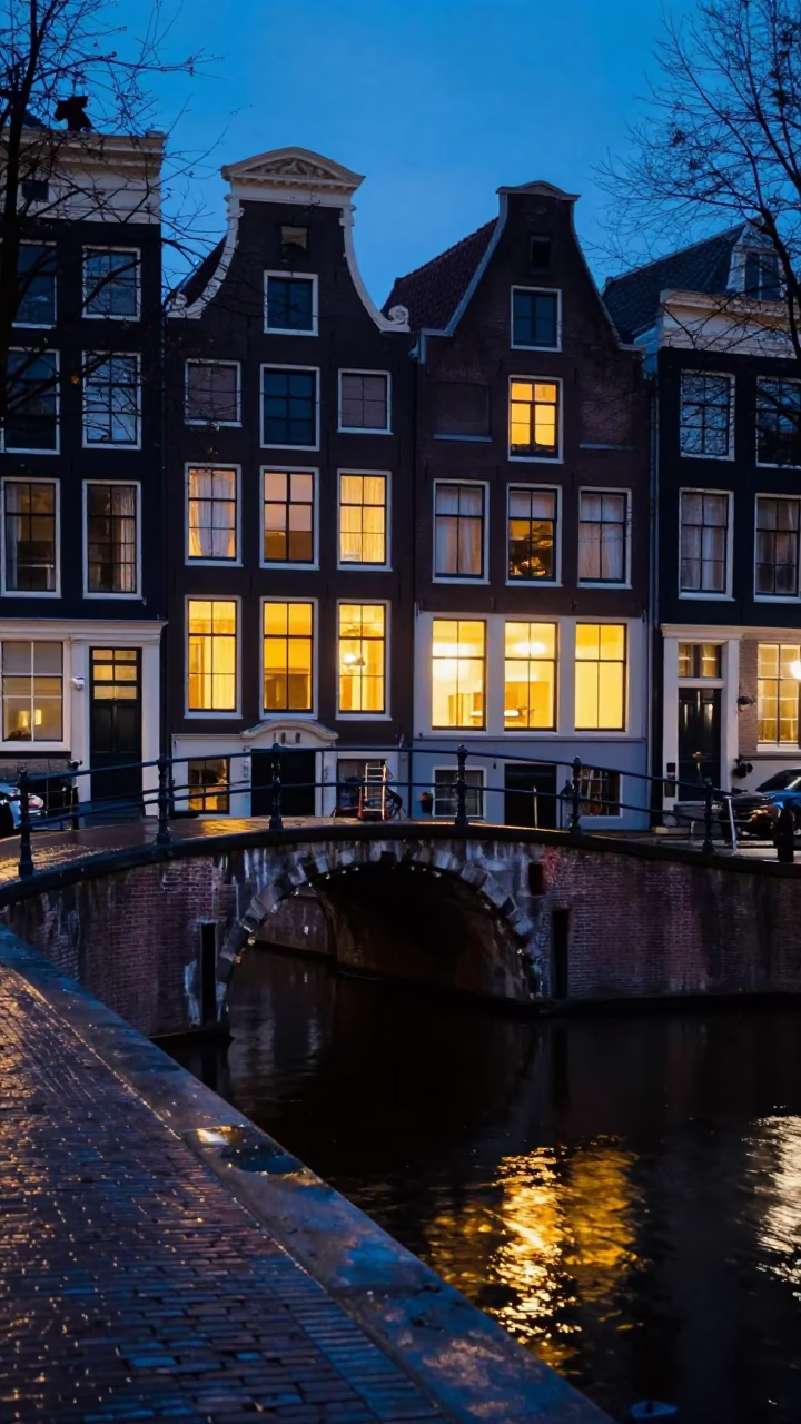 Amsterdam Blue Hour Canal Scene with Traditional Brick Architecture and Wet Cobblestones in in Amsterdam, Netherlands