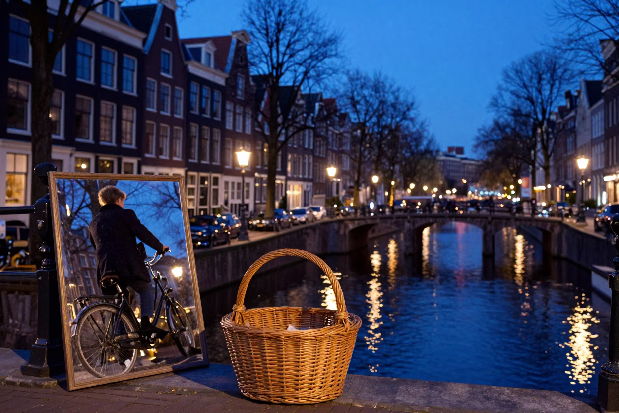 Amsterdam Blue Hour Canal Scene with Wicker Basket and Mirror Reflection in in Amsterdam, Netherlands
