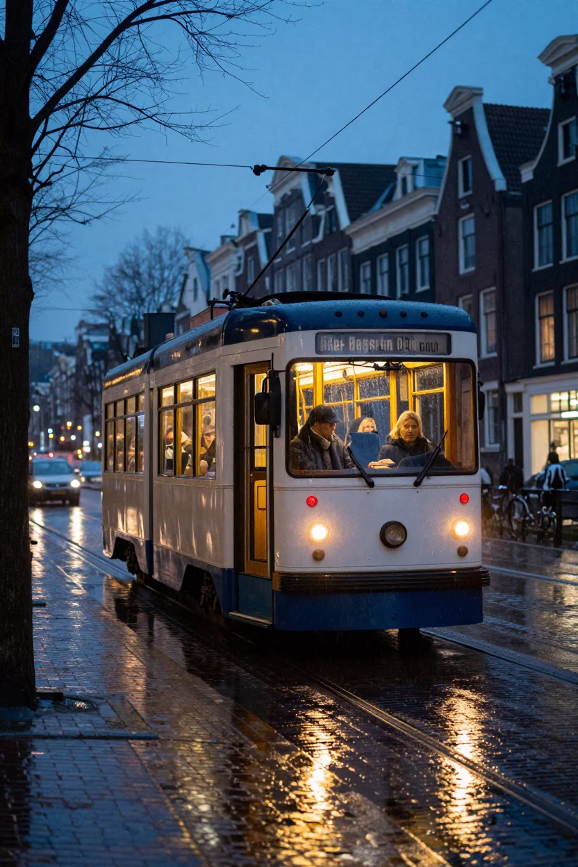 Amsterdam Blue Hour Heritage Tram Rainy Canal Street Candid Moment in in Amsterdam, Netherlands