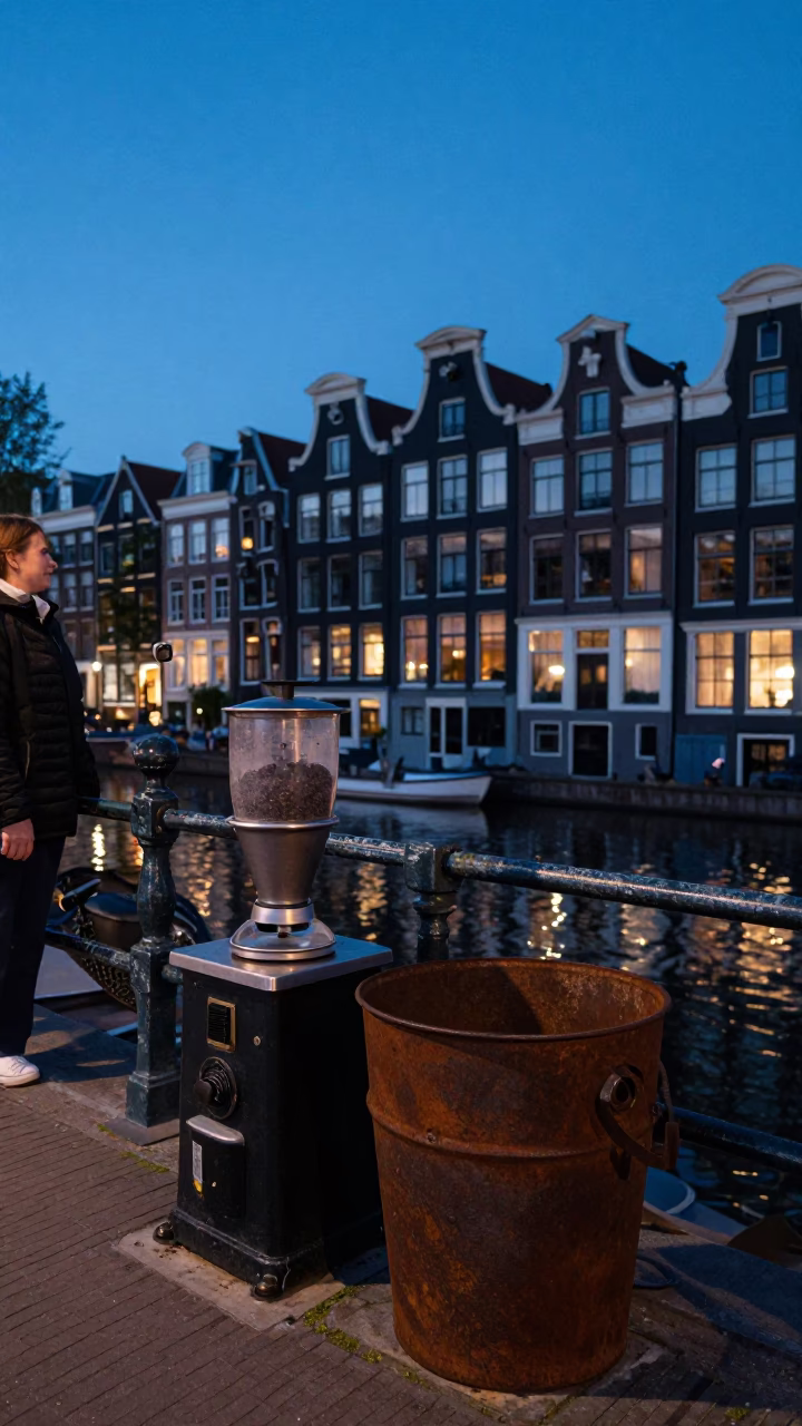 Amsterdam Blue Hour Street Scene with Coffee Grinder and Rusty Bucket in in Amsterdam, Netherlands