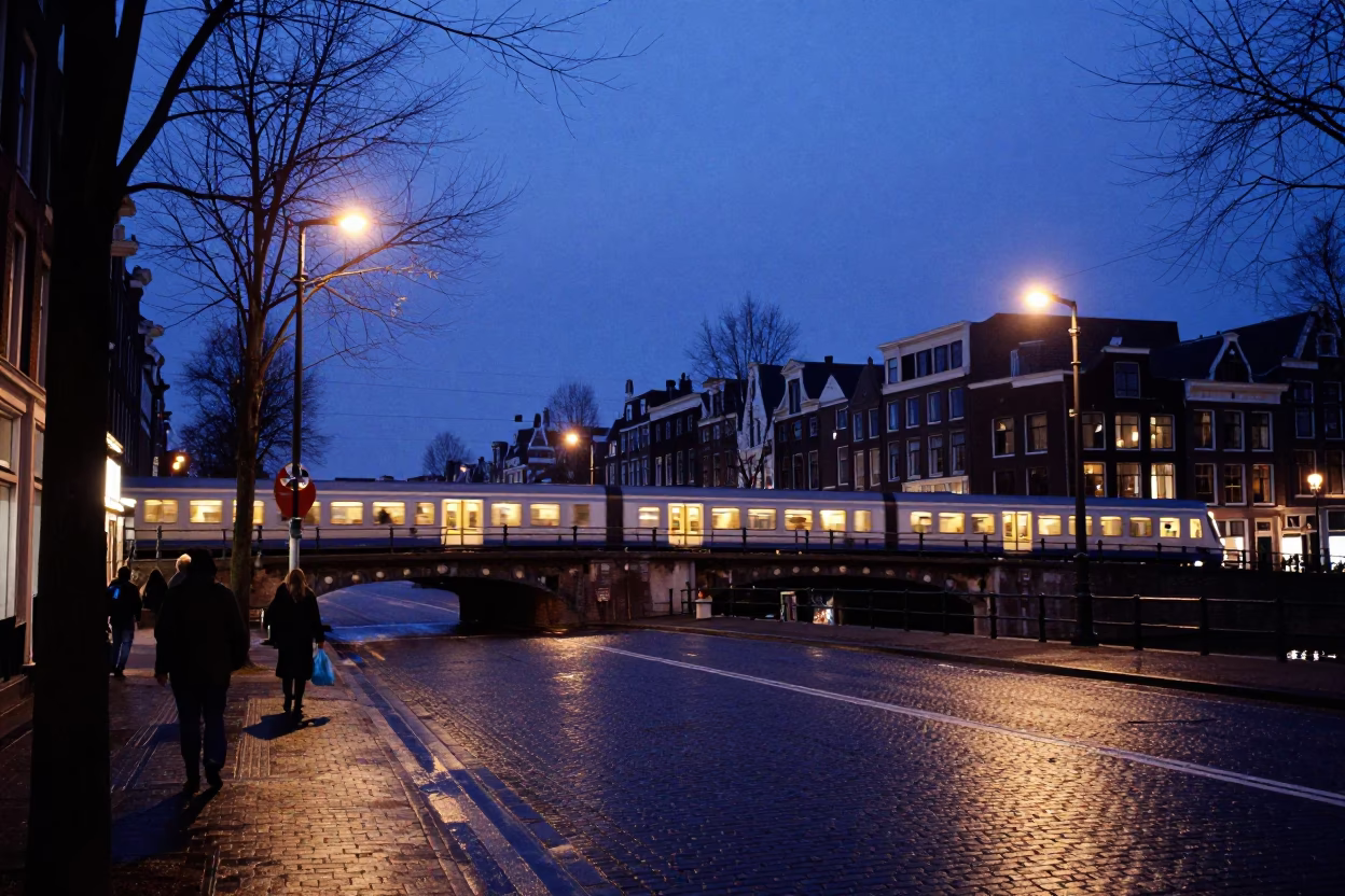 Amsterdam Blue Hour Street Scene with Commuter Train Crossing Bridge and Cyclists in in Amsterdam, Netherlands