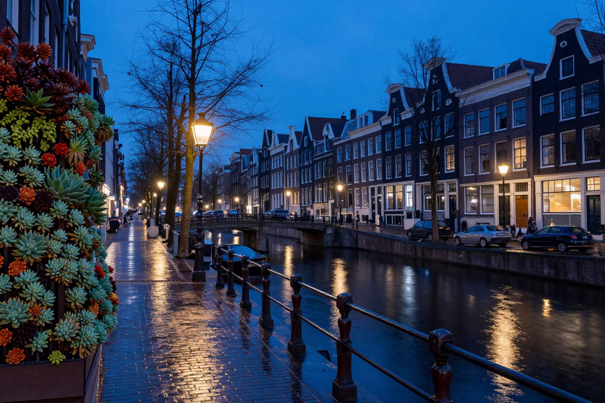Amsterdam Blue Hour Street Scene with Living Wall Succulents and Canal Reflections in in Amsterdam, Netherlands