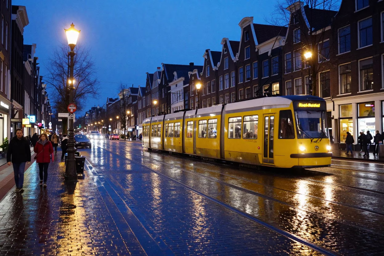 Amsterdam Blue Hour Street Scene with Tram and Canal Reflections in in Amsterdam, Netherlands