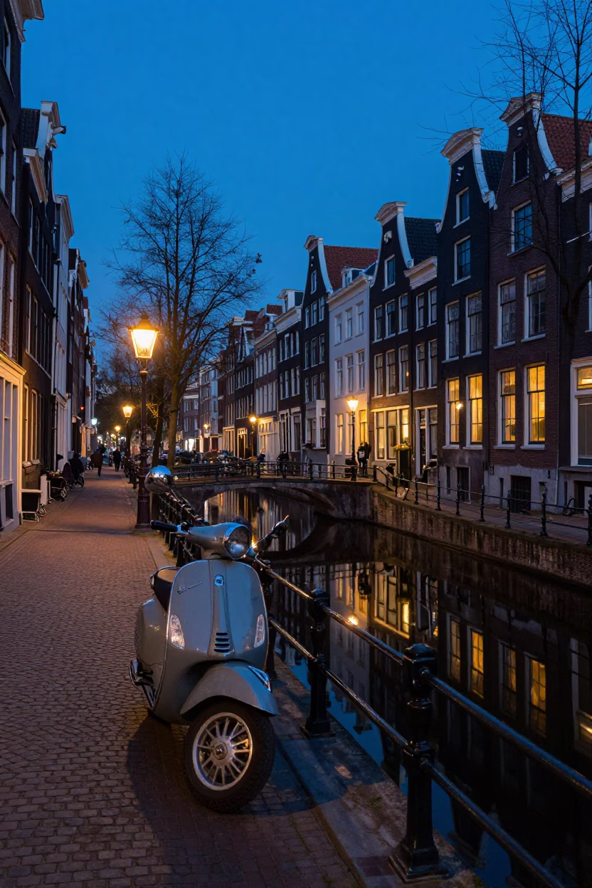 Amsterdam Blue Hour Street Scene with Vintage Vespa and Canal Reflections in in Amsterdam, Netherlands